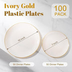 bUCLA 100PCS Ivory Plastic Plates with Gold Rim - Heavy Duty Cream Disposable Include 50 Dinner 10 inch & 50 Dessert 7 inch, for Party & Thanksgiving