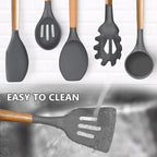 Kitchen Cooking Utensils Set, 6Pcs Silicone Kitchen Utensils Set Spatula Spoon Soup Ladle Turner, Heat Resistant Wooden Handle Silicone Cooking Gadgets for Nonstick Cookware & Baking BPA FREE