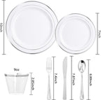 bUCLA 600pcs Silver Plastic Dinnerware Set for 100 Guests - Silver Christmas Dinnerware Set Disposable for Party - Include 100 Dinner Plates,100 Dessert Plates,100Cups,100 Knives,100 Forks,100 Spoons
