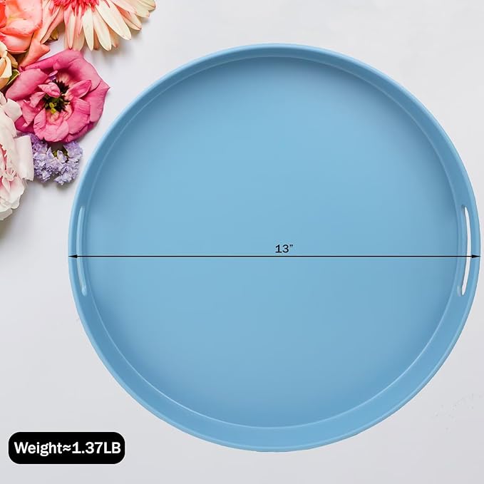 Round Blue Decorative Serving Tray with Handles, 13” Versatile Ottoman Tray for Coffee Table, Entertaining, Outdoor Patio, Living Room