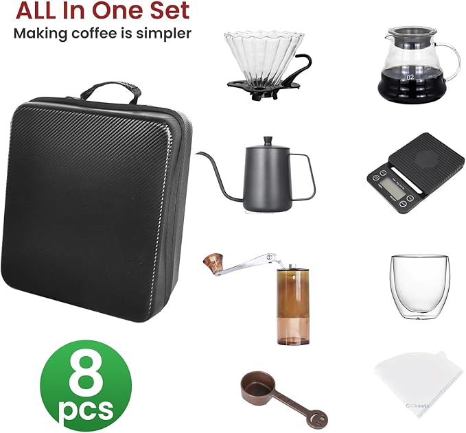 SOTECH Pour Over Coffee Maker Set, Coffee Kettle Scale, Pour Over Coffee Dripper, Bean Grinder, Glass Server, Drip Cup, Filter Paper, All in 1, Traveling Camping Hiking