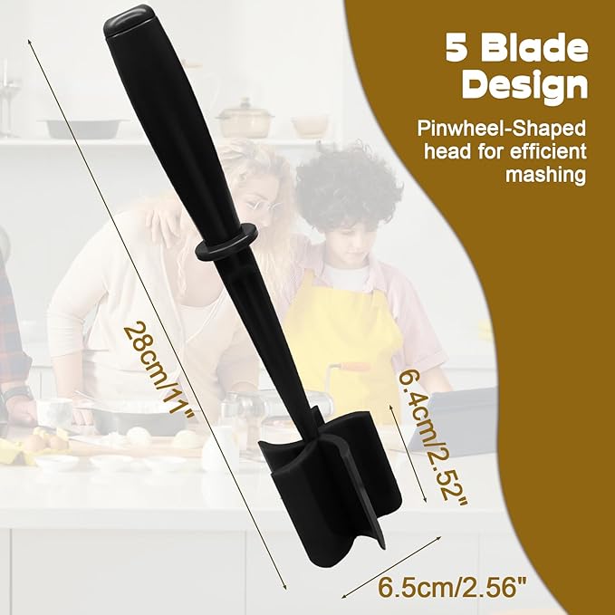 Meat Masher, 5 Curve Blade Hamburger Chopper, Heat Resistant Meat Masher for Ground Beef, Mix and Chop Kitchen Tool, Food Smasher Tool for Hamburger, Beef, Potato, Tomato, Avocado (Black)