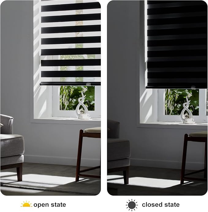Persilux Cordless Zebra Blinds for Windows Roller Windows Shades (72" W X 72" H,Black) Dual Layer Light Control Light Filtering Sheer Shades for Home