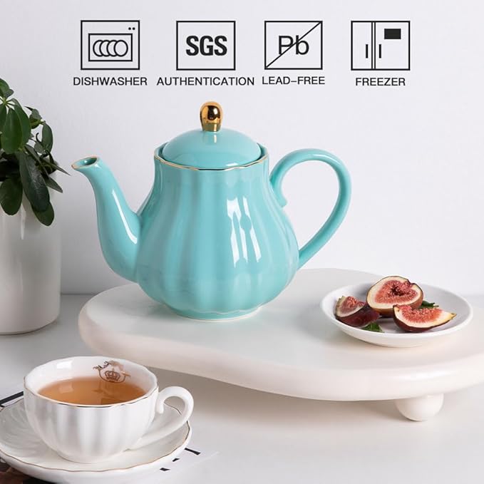 Sweejar Royal Teapot, Ceramic Tea Pot with Removable Stainless Steel Infuser, Blooming & Loose Leaf Teapot - 40 Ounce (Turquoise)