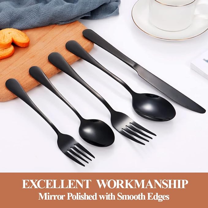 Lazycorner 50 Pcs Black Silverware Set for 10, Mirror Polished Flatware Set Stainless Steel Fork Knife Spoon, Food Grade Eating Utensils Sets, Reusable Silverwear Cutlery Set, Dishwasher Safe