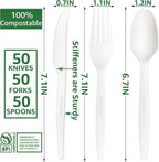 MISISIPI 150-Count Compostable Utensils Set - Heavy Duty BPI Certified, Plastic-Free Disposable Forks, Spoons, Knives for BBQ, Camping, Events, Plant-Based Cutlery