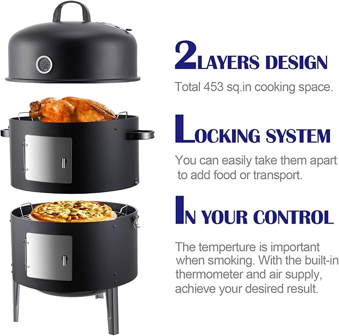 Realcook Vertical Charcoal Smoker Grill: Premium Meat BBQ Smokers with Thermometer - Charcoal Barbecue Grill Combo for Patio Backyard Grilling Outdoor Cooking Tailgating