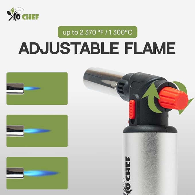 Jo Chef Kitchen Torch with Butane Included – Refillable butane torch Lighter with Safety Lock & Adjustable Flame, Culinary Blow Torch for Cooking, Creme Brulee and Soldering 2 Cans (3.38oz) Included