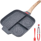 Sectional Skillet, Grill Pans for Stove Tops Nonstick 3 Section Breakfast Pan Meal Skillet Griddle Divided Pan, with Silicone Brush & Clip, 10.5”