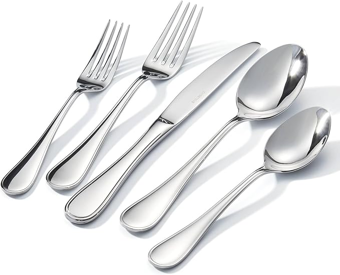 KINGSTONE 40 Piece Teardrop Silverware Set for 8, 18/10 Stainless Steel Flatware Set, Modern Design Cutlery Set for Home/Hotel/Wedding,Mirror Polished and Dishwasher Safe