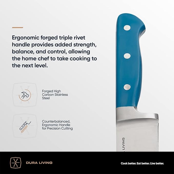 DURA LIVING 8 Inch Professional Chef Knife – High Carbon Stainless Steel, Razor-Sharp, Versatile Cooking & Cutting Kitchen Knife, Ergonomic Handle, Sleek Royal Blue Design