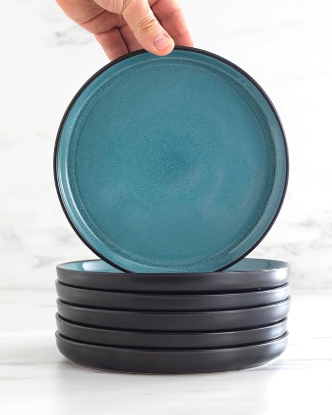 Stoneware dinnerware set 4 persons 12 pcs – Modern style plates and bowls set ceramic – Dishwasher safe and scratch resistant – Bowl and plate set – Dinner service Pure Living black & petrol blue