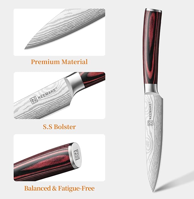 KEEMAKE Kitchen Utility Knife, 5 Inch Paring Knife, Ultra Sharp High Carbon Stainless Steel, Tomato Knife for Fruit and Vegetable Cutting with Ergonomic Handle, Chef Knife for Kitchen