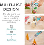 Kitchen Genie Heavy Duty Stainless Steel Manual Can Opener, Strong Blade for Smooth Edge Cuts, Open Cans Easily, Slip-Resistant Ergonomic Handle, Easy Turn Knob, Bottle Openers Included, Teal
