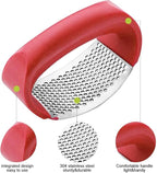 Angel's Peel Lounge Stainless Steel Garlic Press Rocker Set with Silicone Garlic Peeler & Cleaning Brush – Garlic Chopper, Mincer, Grater, Crusher – Easy for Crushed Cloves – Rust-Resistant, Red