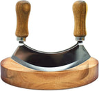 MEZZALUNA KNIFE AND CUTTING BOARD – Double Blade herb chopper ULU Knife with 8 inch Recessed Board Set– For Efficient Mincing Nuts n Veggies