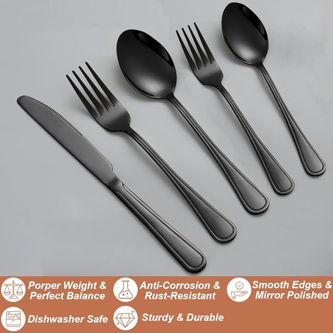 20 Pcs Black Silverware Set for 4 with Simple Striped Handle Design, Food Grade Stainless Steel Flatware Set, Eating Utensils Sets Include Fork/Knife/Spoon, Cutlery Set, Dishwasher Safe