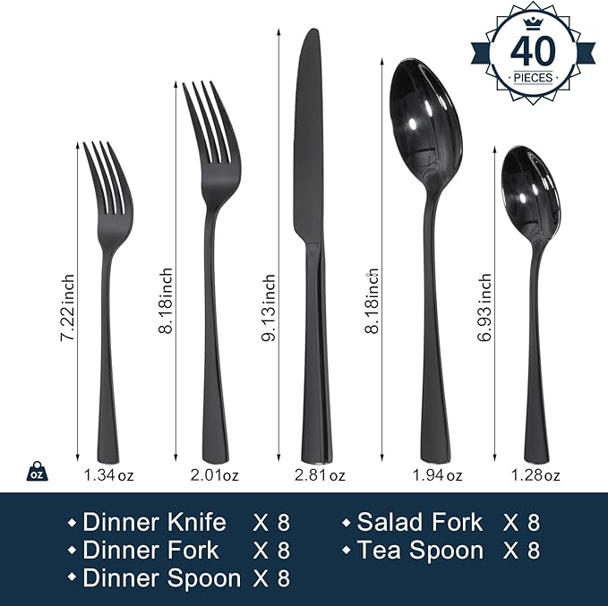 KINGSTONE Silverware Set for 8, 40-Piece Forged 18/10 Stainless Steel Flatware Set, Mirror Finish Cutlery Set Dishwasher Safe for Home, Restaurant, Wedding, Party,Black