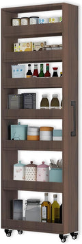 7-Tier Slim Storage Cart, Wooden Rolling Pantry Cabinet with Wheels, Narrow Shelf Organizer for Kitchen, Bakers Rack, Dining Room, Closet, Small Spaces Gray 47.2" H*7.8" W*23.6" D