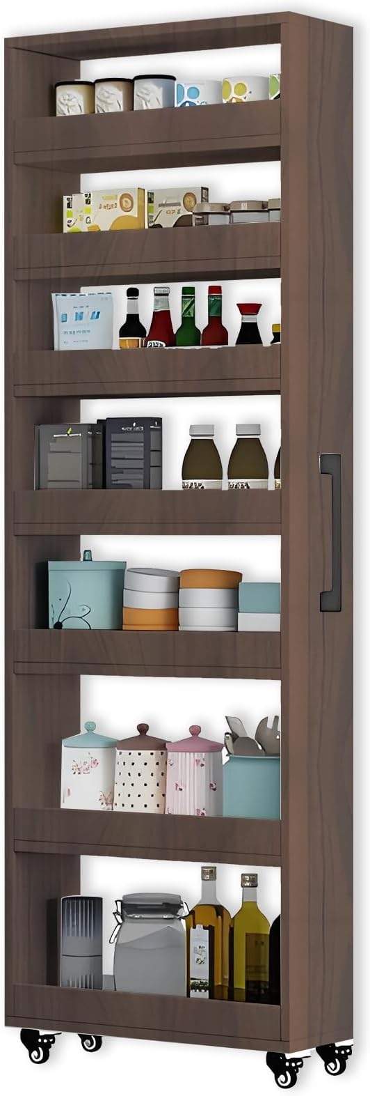 7-Tier Slim Storage Cart, Wooden Rolling Pantry Cabinet with Wheels, Narrow Shelf Organizer for Kitchen, Bakers Rack, Dining Room, Closet, Small Spaces Teak 73.2‘’H*5.9''W*19.6''D