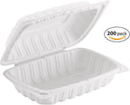 TIYA Clamshell Food Containers - White Bulk 200 Pack, 9x6 in - BPA-Free Plastic To-Go Containers - Reusable, Microwavable, Hinged, Tall Takeout Clamshells - Great for Meal Prep