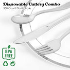 FOCUSLINE 300 Pack Disposable Silver Plastic Forks, Solid and Durable Plastic Cutlery Forks, Heavy Duty Disposable Utensil Silverware for Catering, Parties, Dinners, Weddings