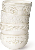 Artena Small Bowls Set of 4, 12 oz Ceramic Embossment Dessert Bowls, white Bowl for Kitchen, Ice Cream, Side Dishes, Rice, Cereal, Fruit, 4.5 Inch, Microwave & Dishwasher Safe, Multiple Patterns
