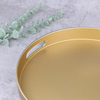 Round Gold Decorative Serving Tray with Handles, 13” Versatile Ottoman Tray for Coffee Table, Entertaining, Outdoor Patio, Living Room