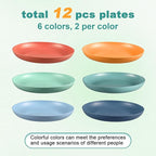 12 Pcs Unbreakable Deep Dinner Plates Set, 10 inch Reusable Plastic Wheat Straw Plates, Microwave and Dishwasher Safe Plate for Kitchen, Lightweight Plate for Dessert, BPA Free, 6 Colors