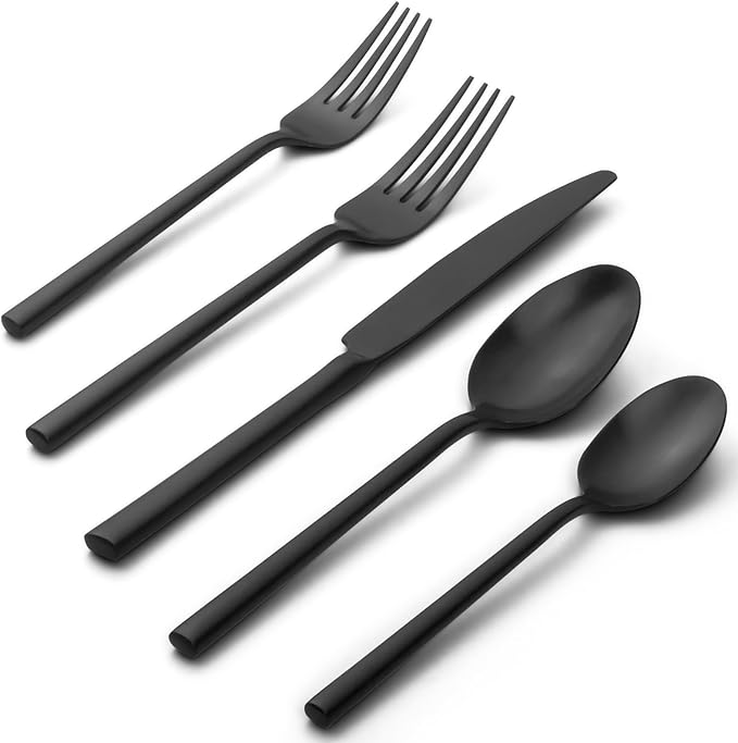 Alata Potter Black 45-Piece Forged Silverware Set with Utensil-Serving Set, Service for 8, Stainless Steel Flatware Set, Modern Design with Satin Finish, Ideal for Home, Kitchen, Party, Camping