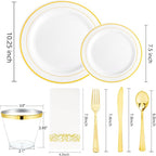 bUCLA 350PCS White and Gold Plastic Plates - Gold Disposable Dinnerware for Include 50 Dinner/Dessert Plates, 50 Forks, 50 Knives, 50 Spoons, 50 Cups & 50 Napkins for Party & Thanksgiving