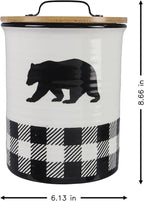 Young's Ceramic Treat Jar with Airtight Lid, Black and White Buffalo Plaid Bear Dog Treat Container, Decorative Cat Food Storage Canister