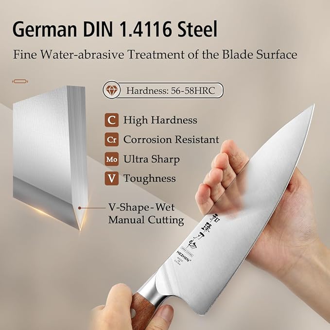 HEZHEN Pro Chefs Knives 8.3 Inch,High Carbon German 1.4116 Steel,Stainless Steel Rivets with Red Wood Handle，Razor Sharp,Super Edge,with Woodern Knife Sheath