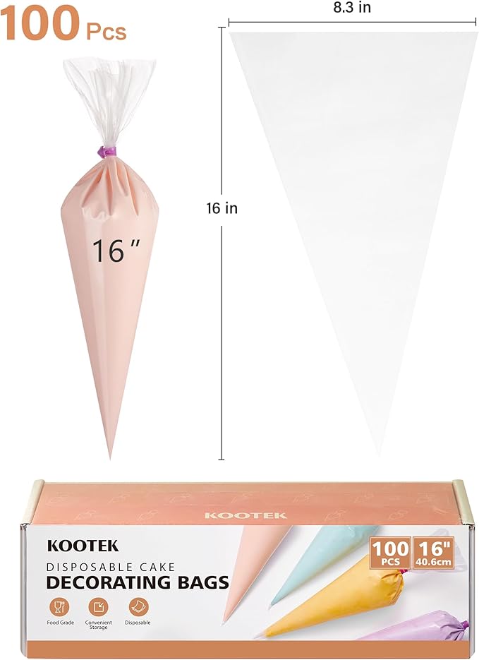 Kootek 16" Piping Bags (100Pcs), Disposable Pastry Bags Anti Burst Icing Frosting Bag Thick Cake Decorating Bags for Cookie, Cupcake, Candy, Baking Supplies Tools