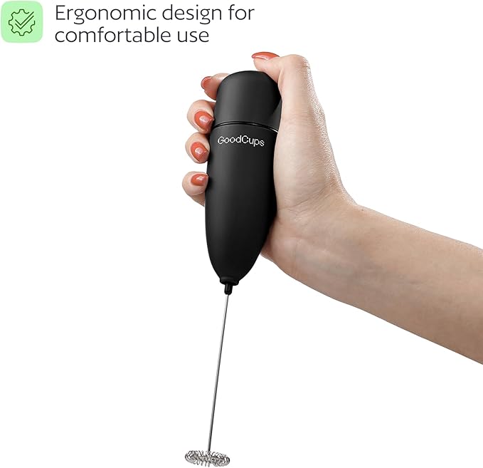 Milk Frother Handheld – Electric Foam Maker Wand with Stainless Steel Whisk – Battery Powered Mini Mixer for Coffee, Matcha, Lattes & Cappuccinos, Black
