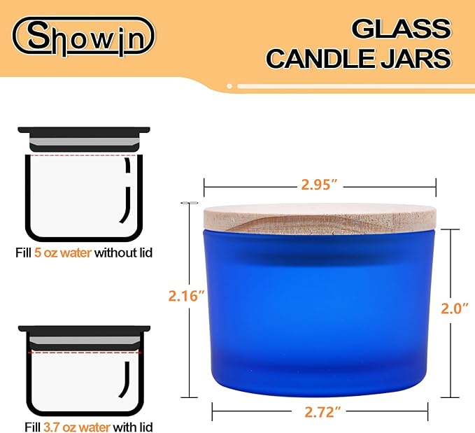 SHOWIN Thick Candle Jars for Making Candles 16 Pcs, 4 OZ Empty Jars with Wood Lids for Candle Making, Sample Container - Dishwasher Safe, Frosted Blue