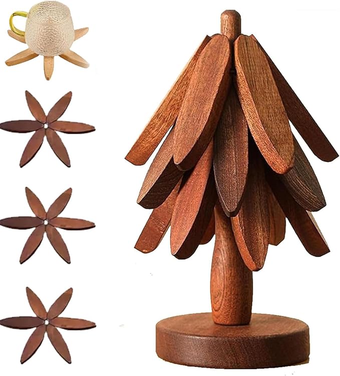 Natural Wood Tree Trivet Set, 𝐍atural Tree Trivet Set - 4 Wooden Trivets,4 Wooden 𝐓rivets & 1 Stand Like a Christmas Trees,for Hot Dish,Pot,Bowl,Teapot,Hot Pot Sets (Walnut Finish 3 Trivets,3set)