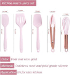 Rose Gold And Pink Kitchen Utensil Small Five-Piece Set Mini Silicone Kids Kitchen Tools Whisk Spatula Tongs Spoon And Slotted Spatula(Kids Baking Supplies)