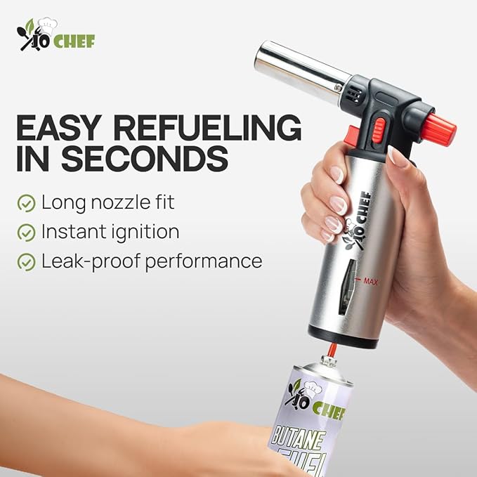 Jo Chef Butane Torch Lighter, Cooking Torch - Refillable Adjustable Flame Lighter with Safety Lock for BBQ, Baking, Brulee Creme, DIY + FREE Recipe eBook (Butane Not Included)