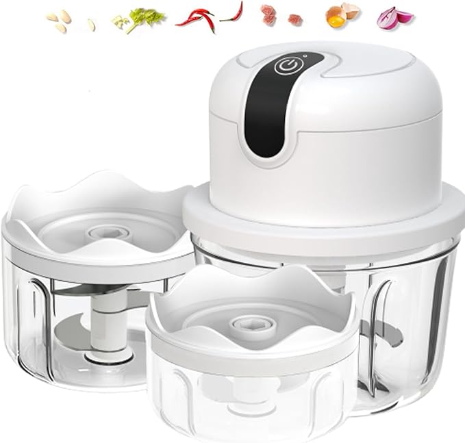 White 3 CUP Electric mini garlic crusher, USB rechargeable portable electric food crusher, wireless small kitchen processor for crushing garlic, ginger, chili, minced meat, onions, etc.(350+250+100ml)