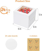 Mini Cake Boxes 6 Inch with Window, 24 Set Bakery Boxes with Cake Boards & Stickers, Cupcake Box for Birthday, Party, Wedding, Mother's Day, Valentine's Day, Christmas（6x6x5 inch）