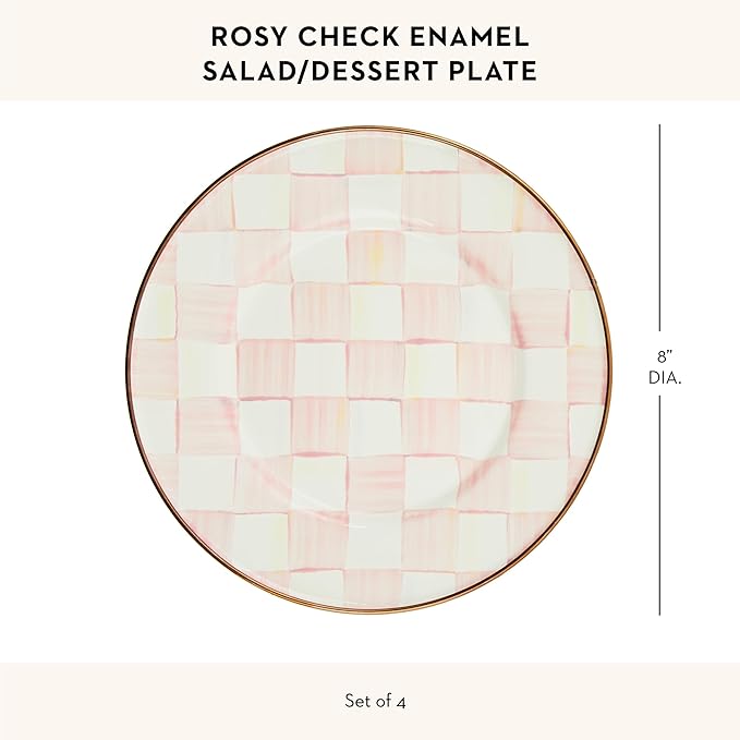 MACKENZIE-CHILDS Enamel Salad and Dessert Plate, Small Plate for Appetizers or Desserts, 8 Inches, Set of 4, Pink-and-White Rosy Check