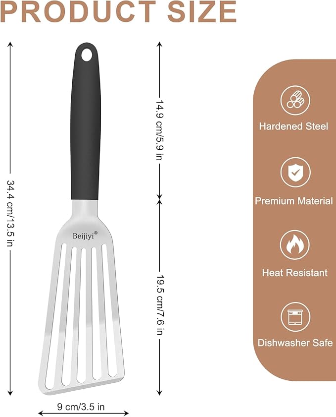 Beijiyi Fish Spatula Stainless Steel, 13.5" Large Metal Fish Spatula for Cast Iron Skillet Cooking and Grilling, Kitchen Slotted Turner with Full Tang Silicone Handle and Curved Blade