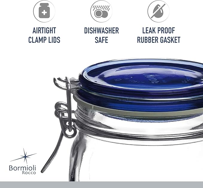 Bormioli Rocco Fido Square Jar with Blue Lid, 17-1/2-Ounce