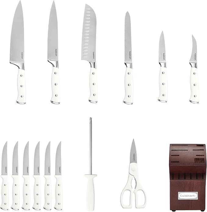 Cuisinart 15-Piece Knife Set with Block, High Carbon Stainless Steel, Forged Triple Rivet, White/Cherry C77WTR-15PCW