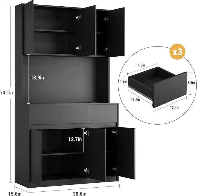 Garvee Kitchen Pantry Storage Cabinet, Tall Storage Cabinet with Doors and Shelves, Kitchen Storage Hutch with Microwave Stand, Led Lights and Charging Station, Corner Pantry Cabinet, Black