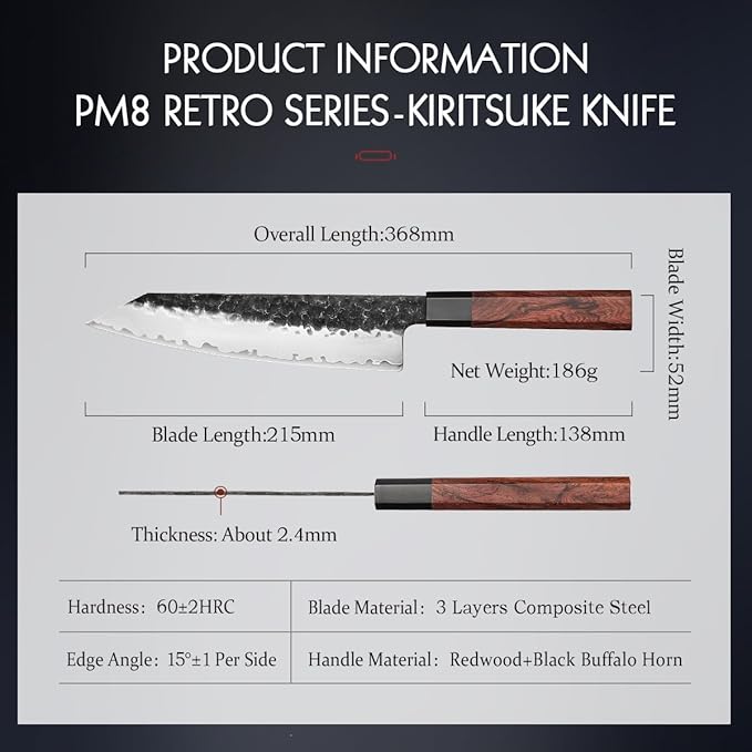 HEZHEN- 8.5” Chef Knife, 3 Layers High Carbon Clad Steel Kiritsuke Knife, Composite Forging Steel, Professional Japanese Kitchen Knife, Redwood Octagonal Handle With Wooden Knife Sheath