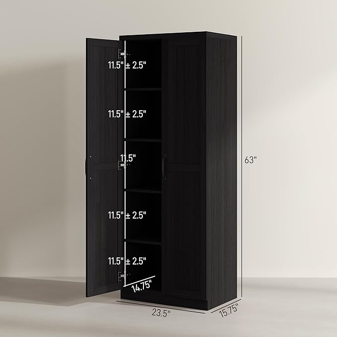 HOMCOM 63" 2-Door Kitchen Pantry, Freestanding Storage Cabinet with 5-Tier Shelving and 2 Adjustable Shelves for Dining Room, Black Wood Grain