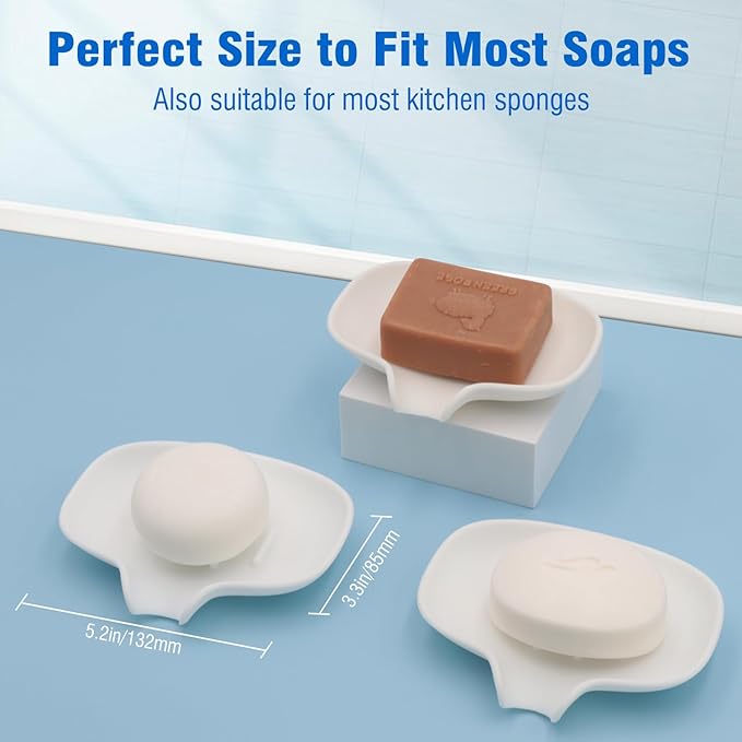 3 Pack Soap Bar Holder, AIMAIAIMAI Self Draining Soap Dish, Quick Drainage, Soap Dishes for Bathroom, Shower, Silicone Soap Tray for Kitchen, Dishwasher Safe (White)