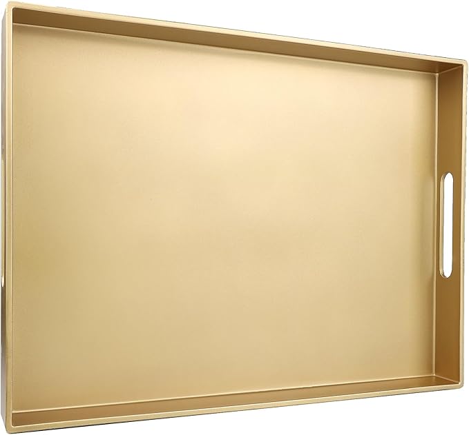 Gold Serving Tray for Coffee Table, Rectangular Plastic Decorative Tray with Handles for Entertaining, Outdoor Patio, Living Room, Ottoman, Bathroom Counter, 11.8”*15.7”*1.6”